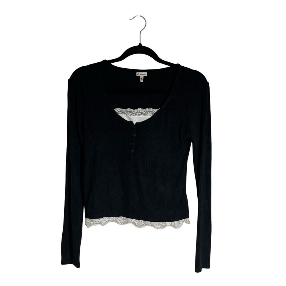Self Esteem Black Ribbed Knit Cream Lace Layered Long Sleeve Henley Top M Y2K